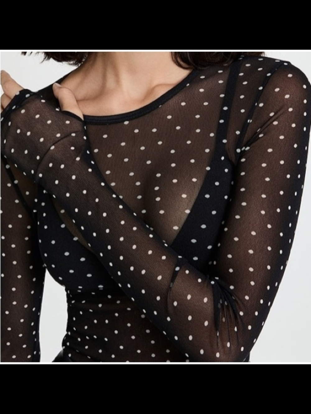 Enza Costa Black Sheer Polka Dot Mesh Top Long Sleeve Stretch Sz M Minimalist - Picture 5 of 11